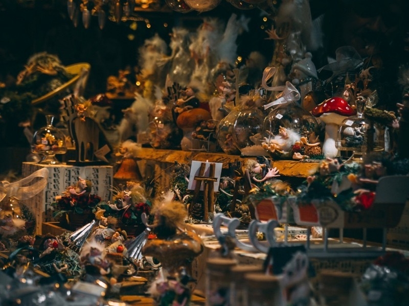 Christmas market stall covered in toys and decorations