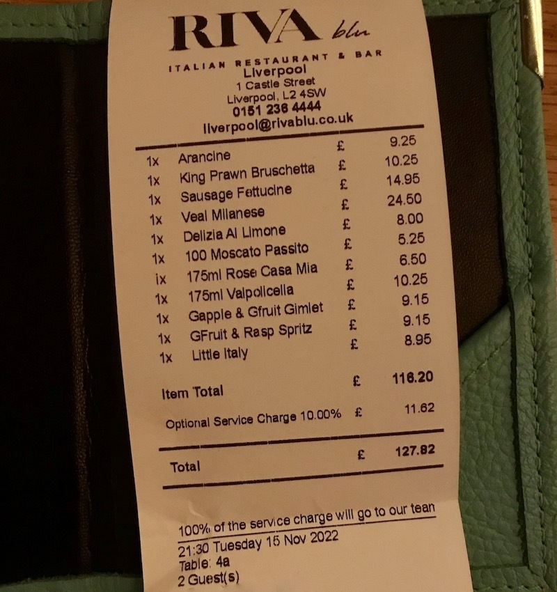 Riva Blu Liverpool Review Receipt