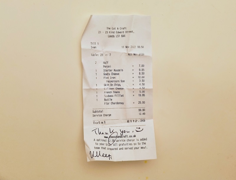 Receipt At The Cut And Craft In Leeds