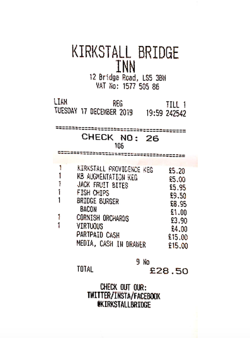 2020 01 02 Kirkstall Bridge Receipt
