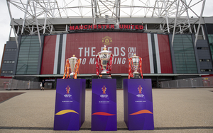 The Three Rugby League World Cup Trophies Outside Of Old Trafford In Manchester Ahead Of The Rescheduled 2021 Rugby League World Cup