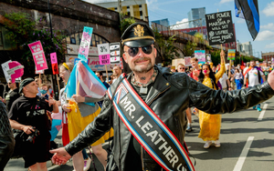A Man In Leather With Mr Leather Sash Marches At Manchester Pride Protest 2021 Chris Keller Jackson