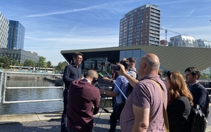 Andy Burnham Announces Lower Bus Fares To Members Of The Media At Salford Quays