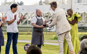Great British Menu Oliver Peyton Presenting Winner Dan Mc George With The Trophy