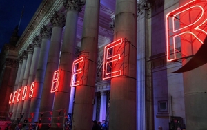 Red Neon Lighting On The Steps Of Leeds Town Hall For Leeds International Beer Festival
