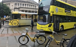 The New Manchester Bee Network Travel Options Which Were Paraded Outside Of The Tory Conference In Manchester